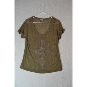 Daytrip Women's Large Gold Metallic Sheer Scoop Neck Short Sleeve Blouse